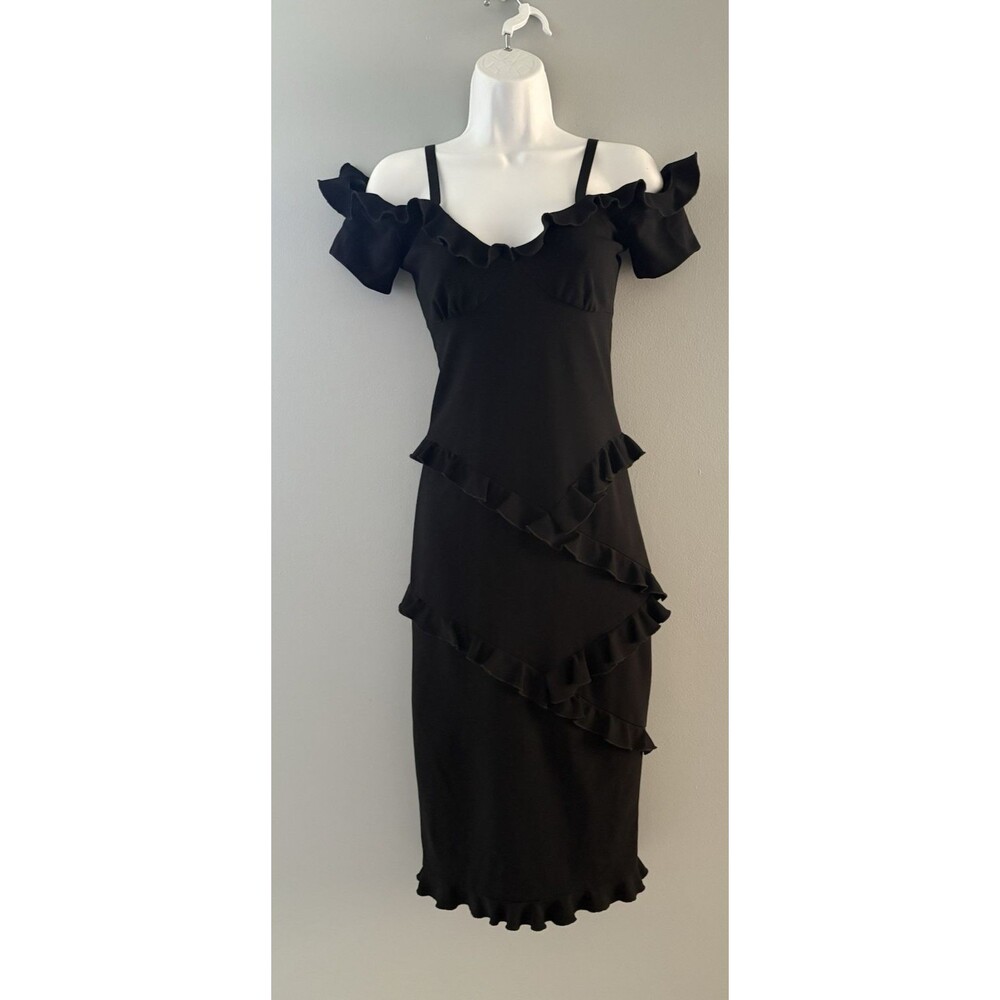 Nicole Miller Collection Dress 4 Black Ruffles Midi Witchy Whimsigoth Wednesday